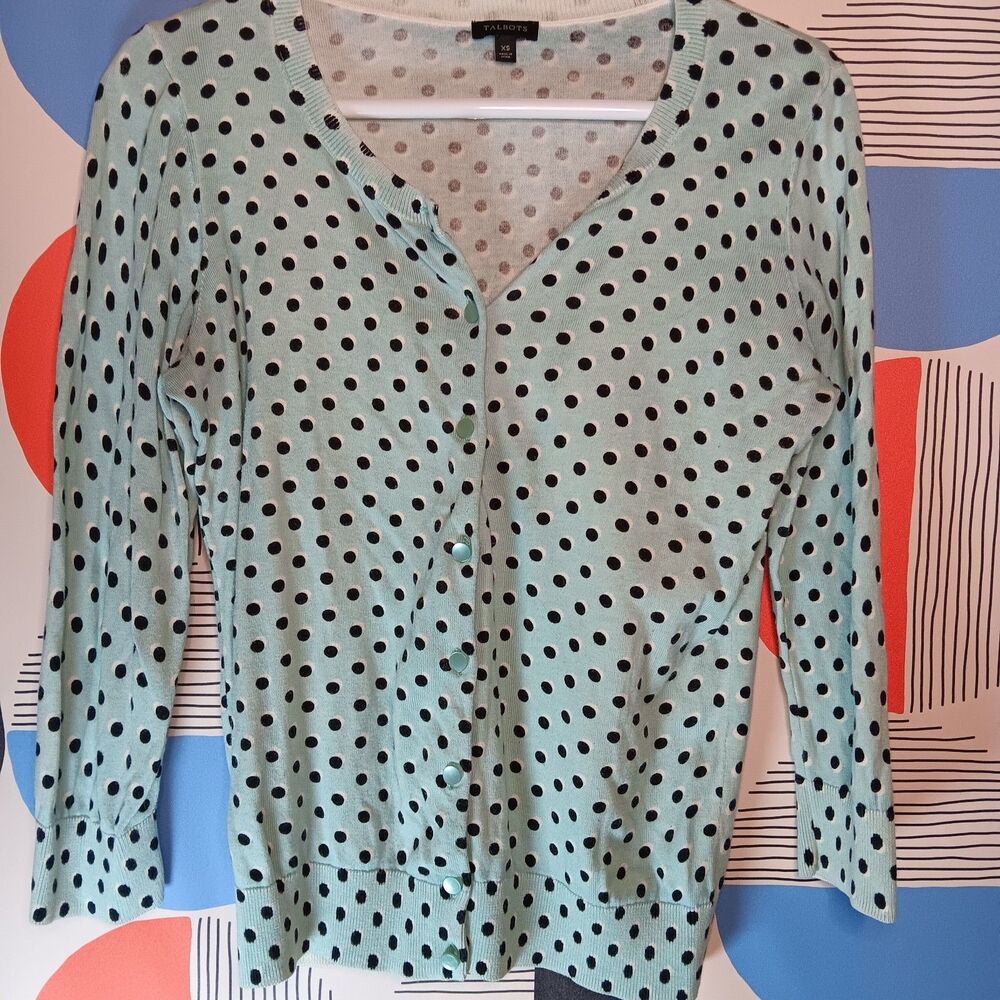 Talbots Turquoise Polka Dot Cardigan Cool Blue Buttons 2014 V-Neck Soft Size XS